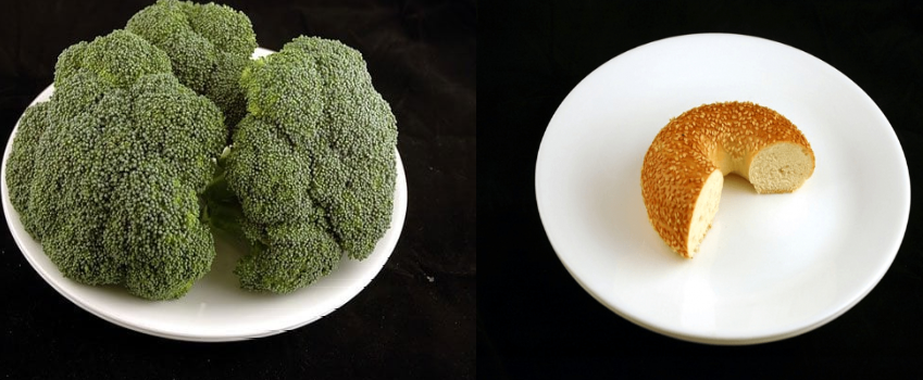 200 gram servings of broccoli and bagels of the same calorie content